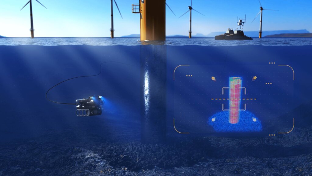 Render of the AROWIND project, showing the ROV, with integrated Voyis Laser Scanner and Imagining System. Initial images of the 3D model of the offshore windfarm is shown. 
On the water surface the uncrewed surface vessel (USV) by HydroSurv. 
