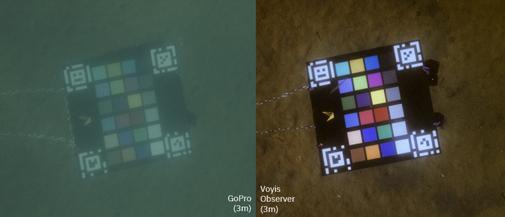 Comparison between Voyis colour imaging (right), and standard GoPro (left)